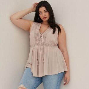 Torrid Plus Size - Babydoll Crinkle Gauze Crochet Inset Lace-Up Top